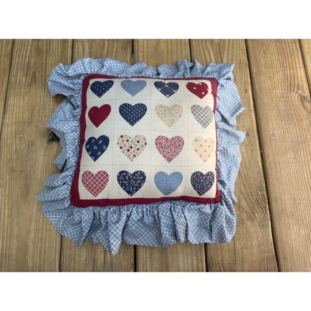 VTG Country Handmade Quilted Heart Pillow Ruffled Cottage Farmhouse 14"x14"